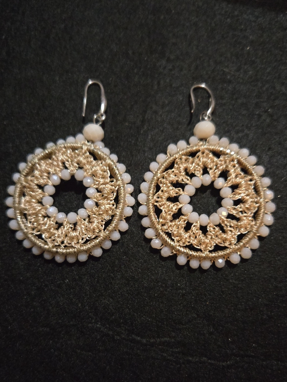 Handcrafted White Beaded Gold-Tone Crochet Hoop Earrings